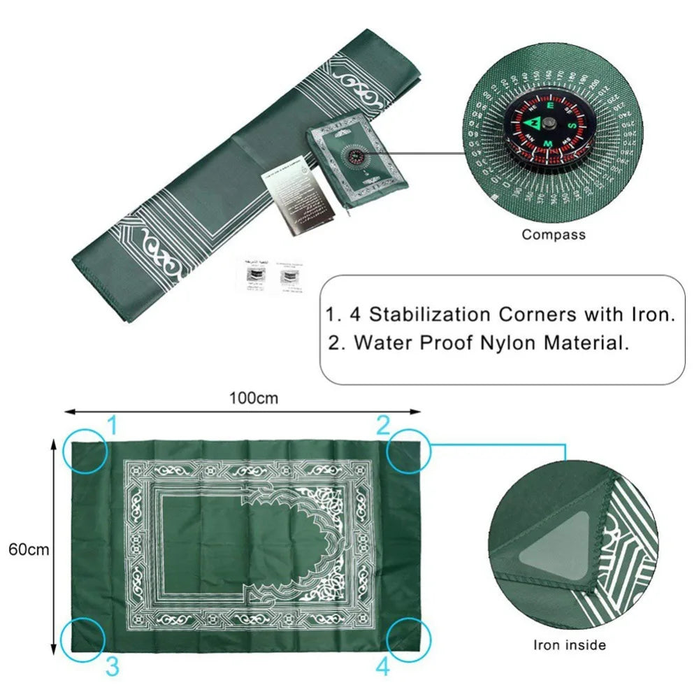 100x60cm Useful Portable Prayer Rug with Compass Kneeling Poly Mat for Muslim Islam Waterproof Prayer Mat Carpet With Bag