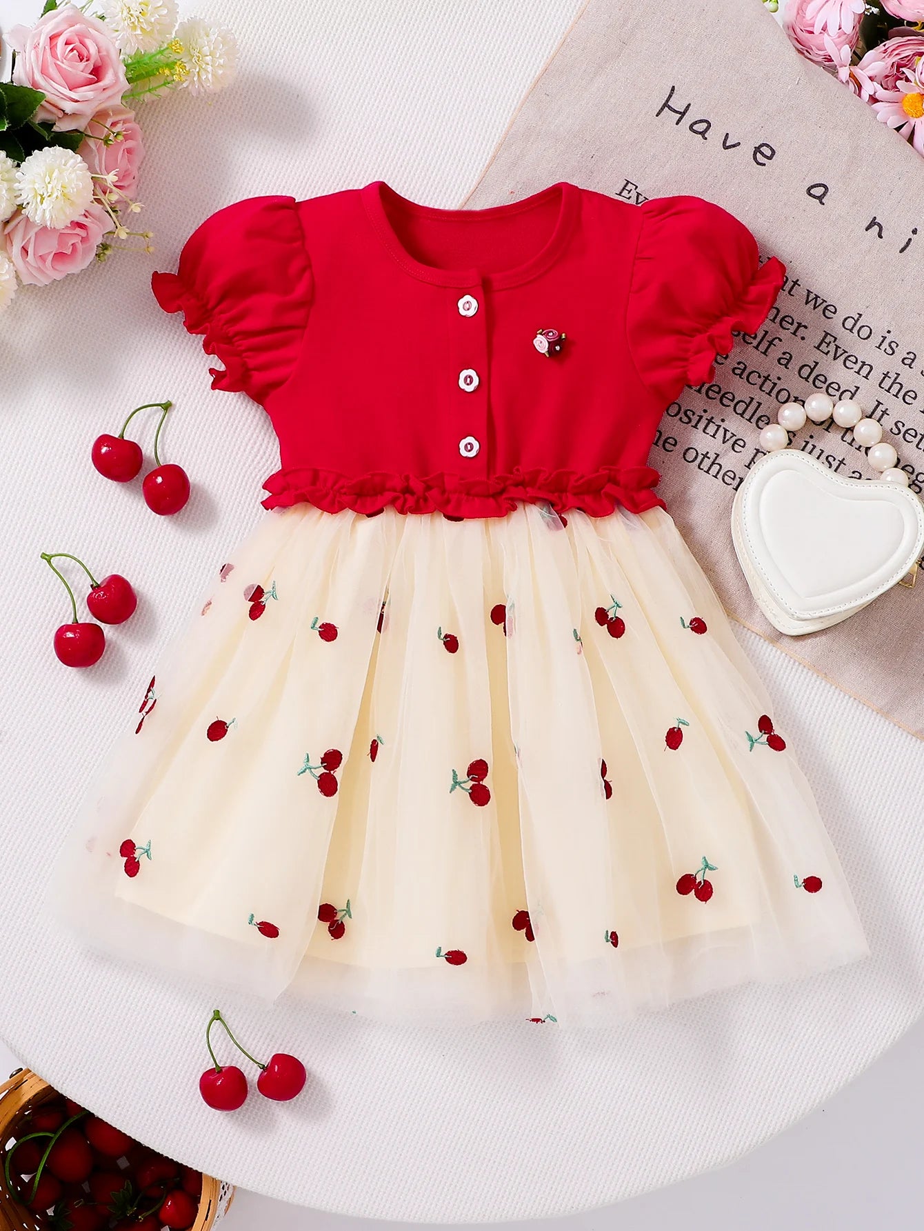 Girls' Cherry Embroidery Net Dress