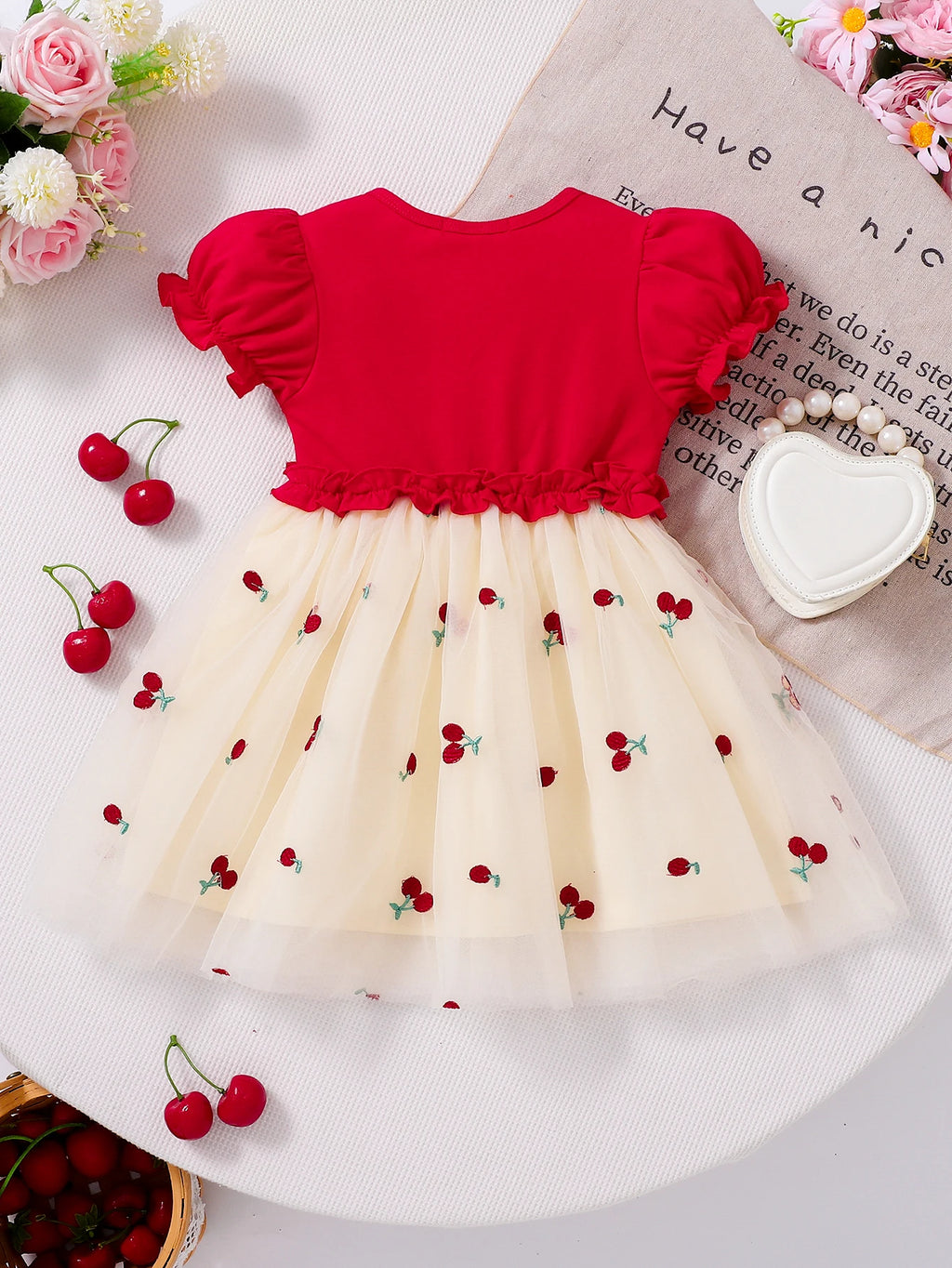 Girls' Cherry Embroidery Net Dress
