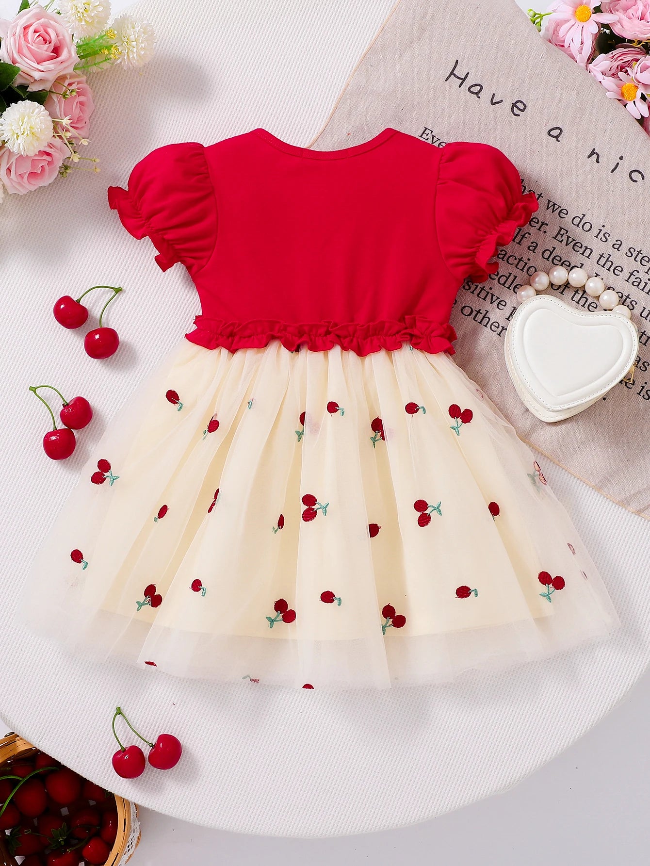 Girls' Cherry Embroidery Net Dress
