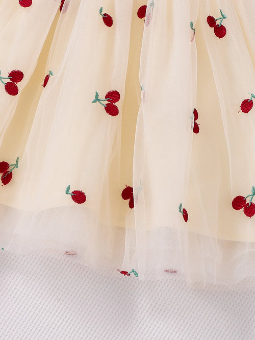 Girls' Cherry Embroidery Net Dress