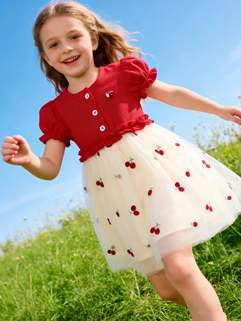 Girls' Cherry Embroidery Net Dress